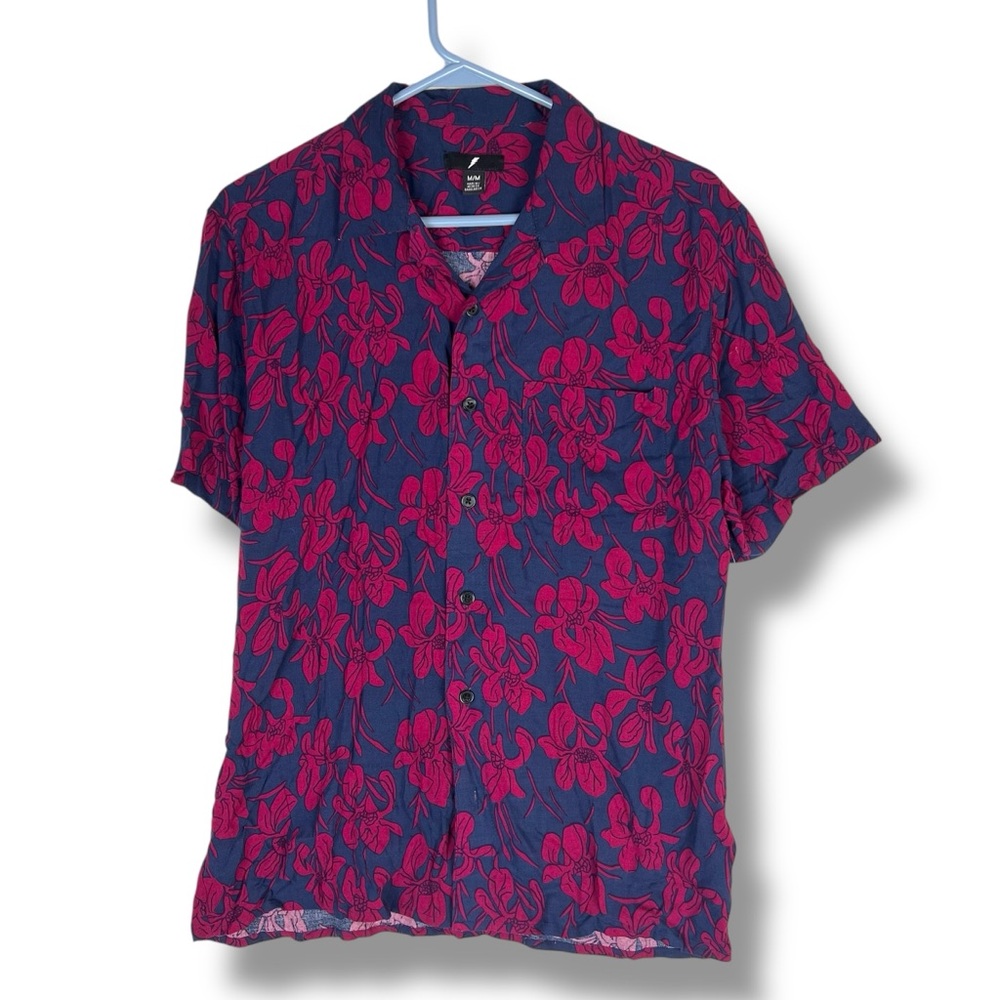 Amp Shirt Mens M Medium Short Sleeve Rayon Button Shirt Floral Red Blue
